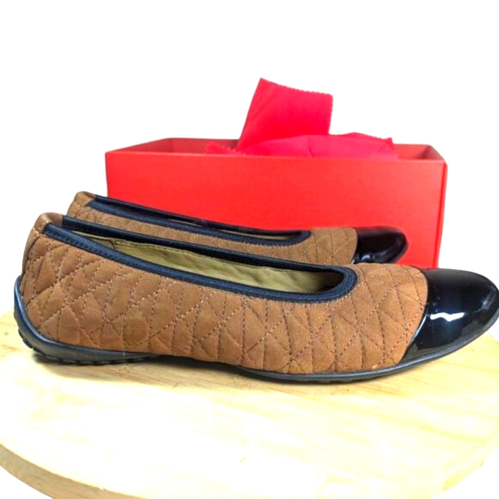 Robert Zur Designs Quela Brown W/Black Patent Quilted Ballerina Flat Shoe 7.5 4A